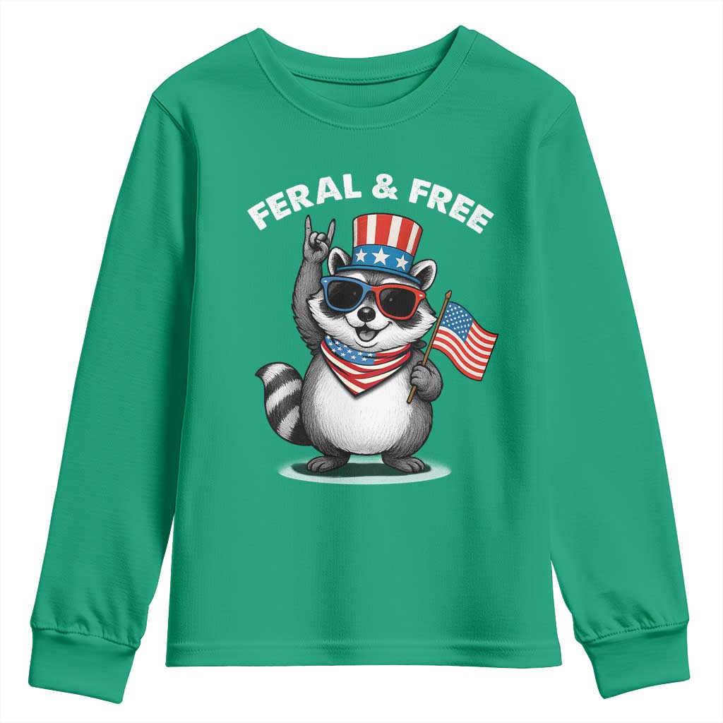 Funny Raccoon July 4th Youth Sweatshirt Patriotic Trash Panda Feral But Free - Wonder Print Shop
