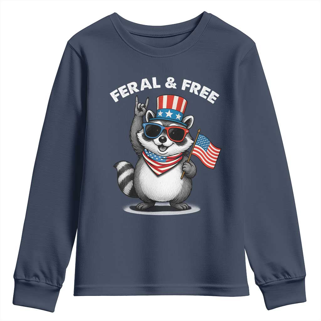 Funny Raccoon July 4th Youth Sweatshirt Patriotic Trash Panda Feral But Free - Wonder Print Shop