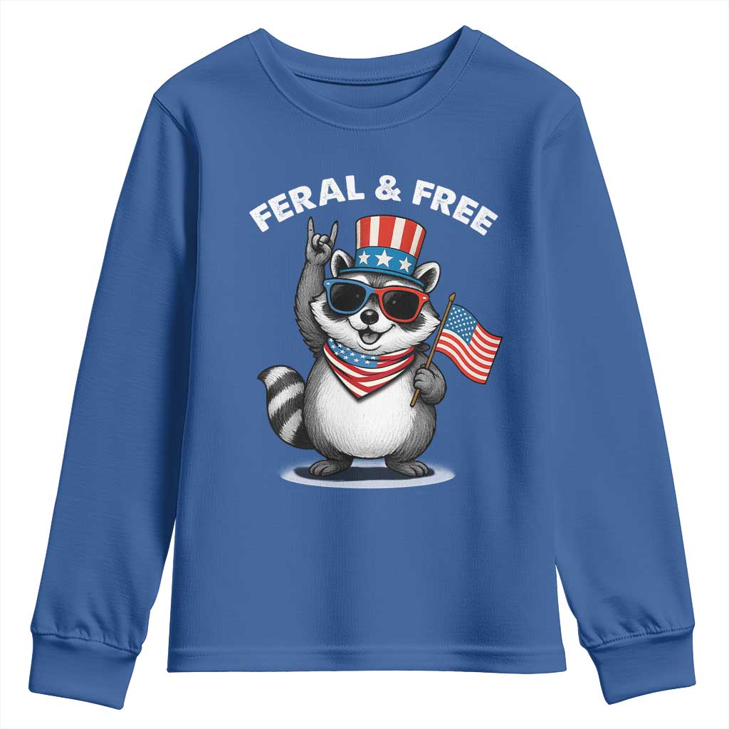 Funny Raccoon July 4th Youth Sweatshirt Patriotic Trash Panda Feral But Free - Wonder Print Shop