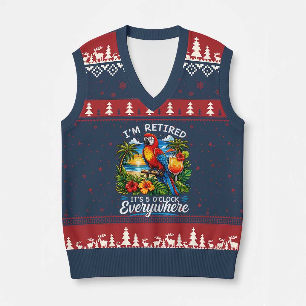 Humor Retirement V-Neck Knit Sweater Vest Im Retired 5 OClock Everywhere Vintage Beach Parrot Cocktail