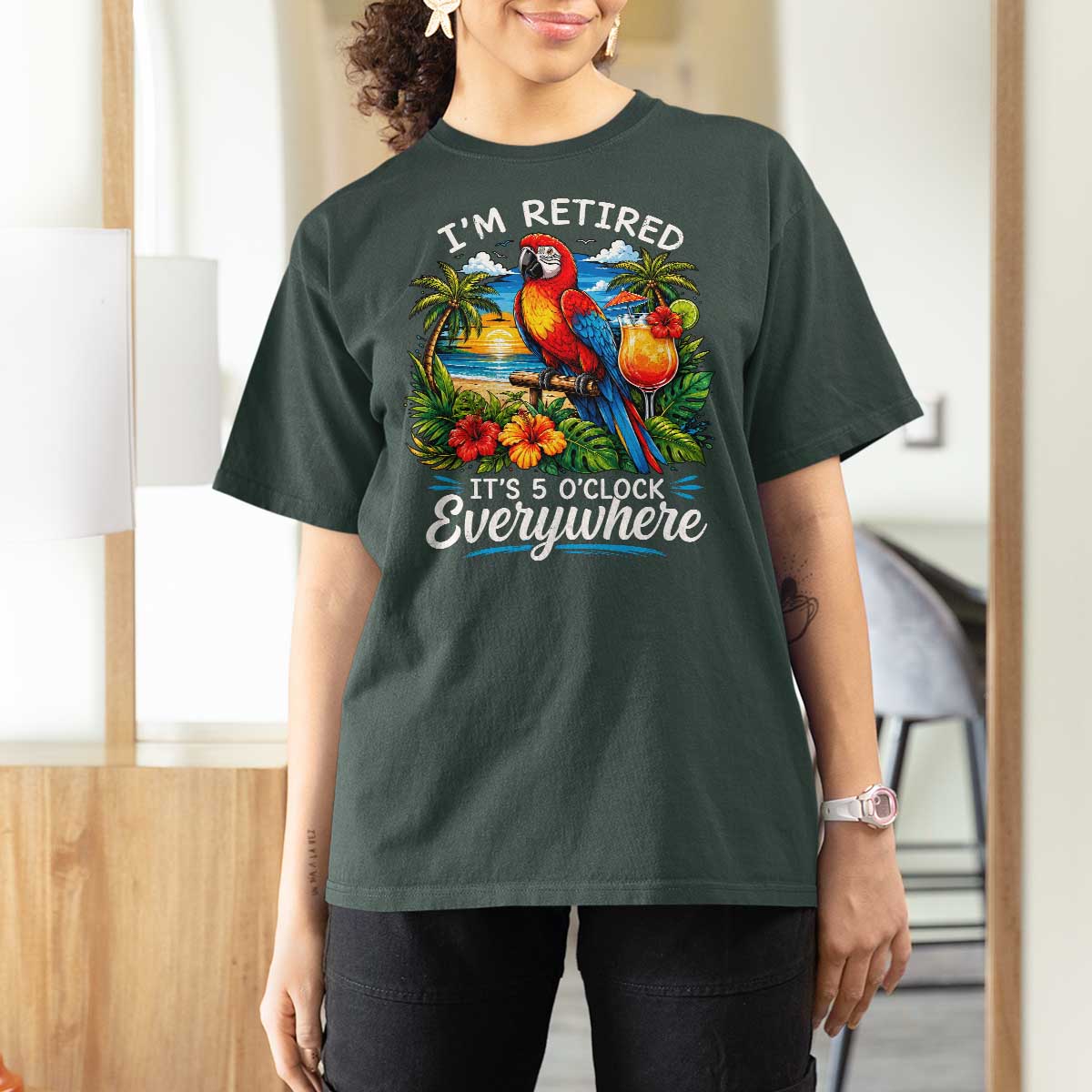 Humor Retirement T Shirt For Women Im Retired 5 OClock Everywhere Vintage Beach Parrot Cocktail