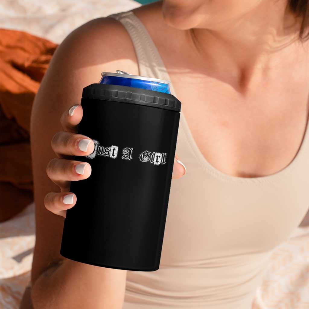 Just A Girl 4 in 1 Can Cooler Tumbler Gothic Blackletter Typography Design