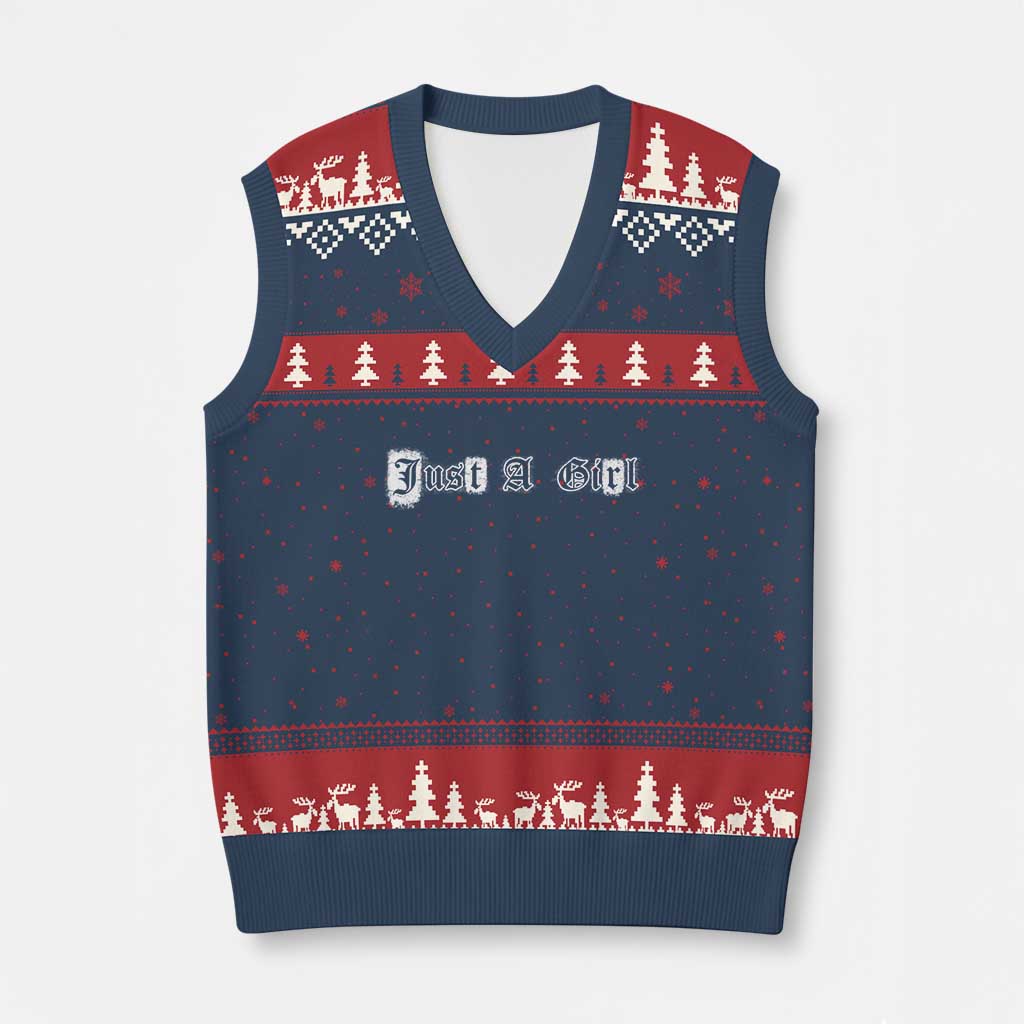 Just A Girl V-Neck Knit Sweater Vest Gothic Blackletter Typography Design