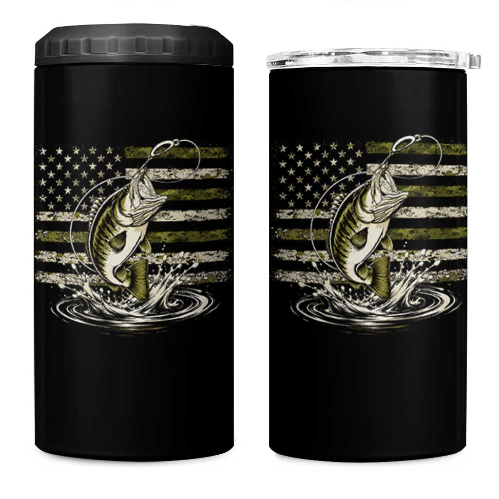 Vintage Bass Fishing Camouflage 4 in 1 Can Cooler Tumbler Patriotic Largemouth Bass Angler Fishing Lovers Fisherman Camo US Flag