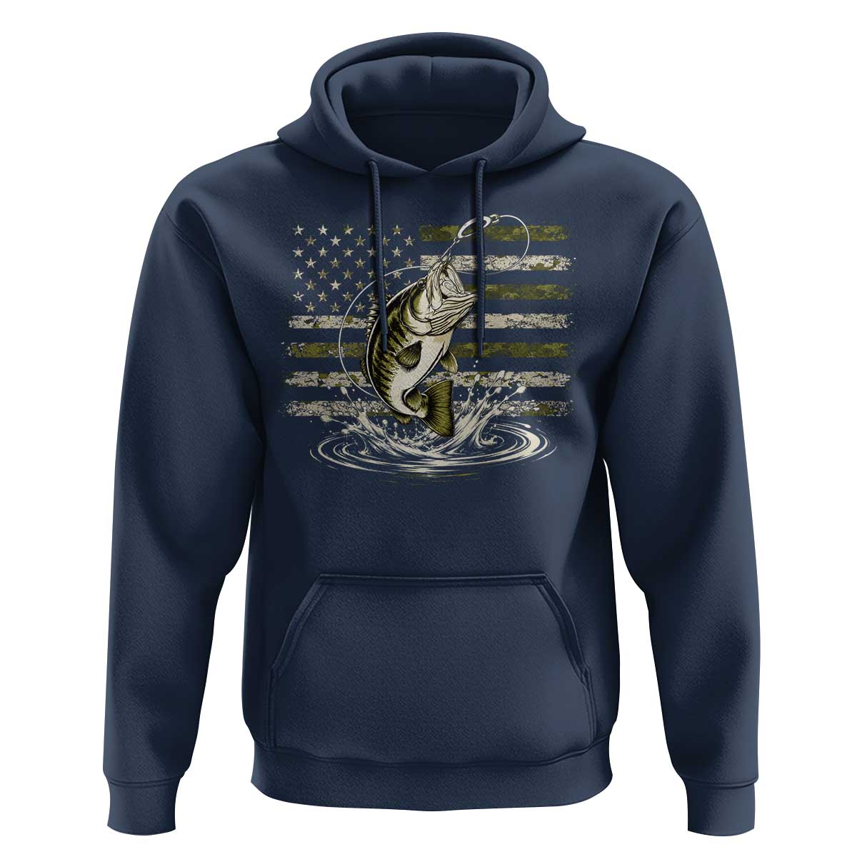 Vintage Bass Fishing Camouflage Hoodie Patriotic Largemouth Bass Angler Fishing Lovers Fisherman Camo US Flag