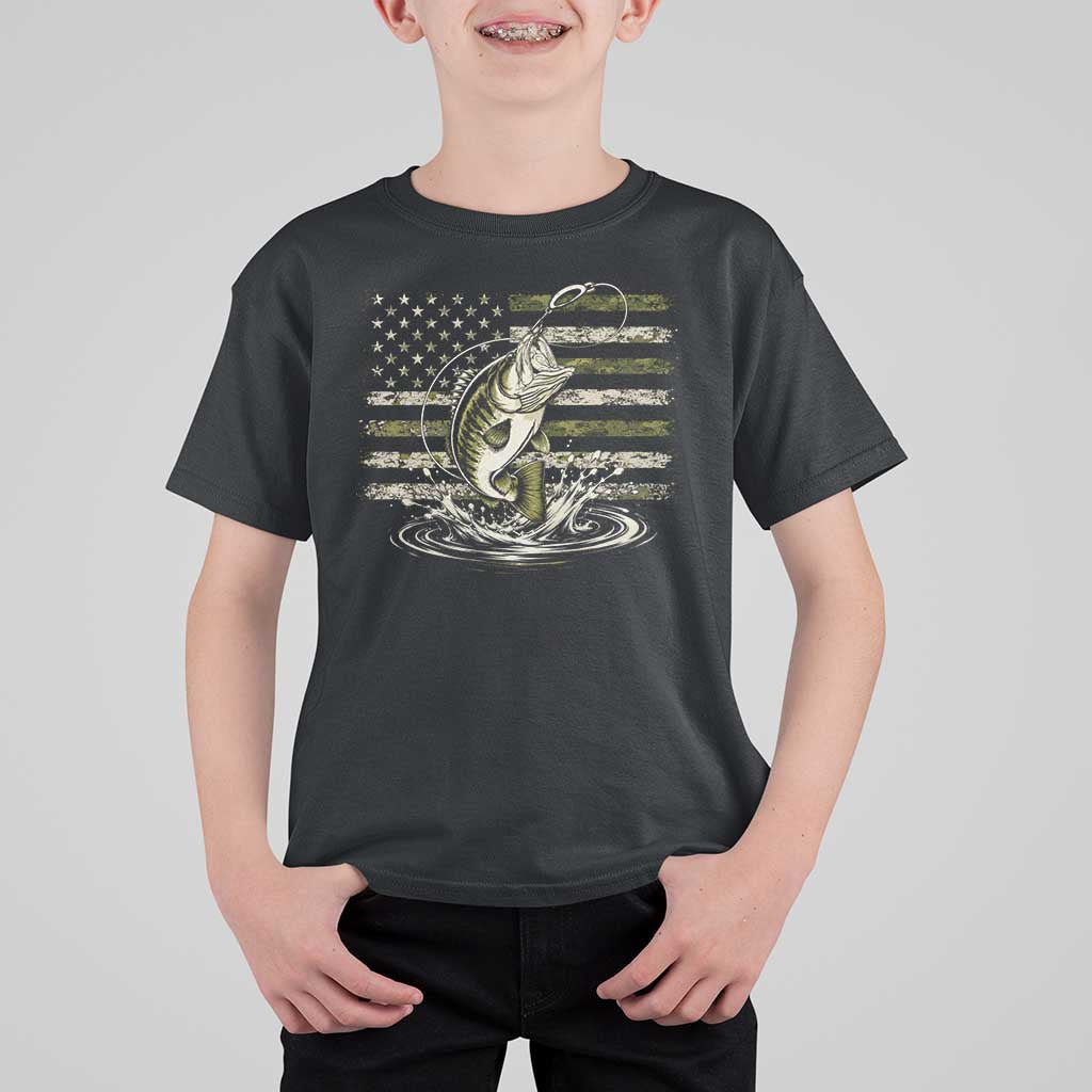 Vintage Bass Fishing Camouflage T Shirt For Kid Patriotic Largemouth Bass Angler Fishing Lovers Fisherman Camo US Flag