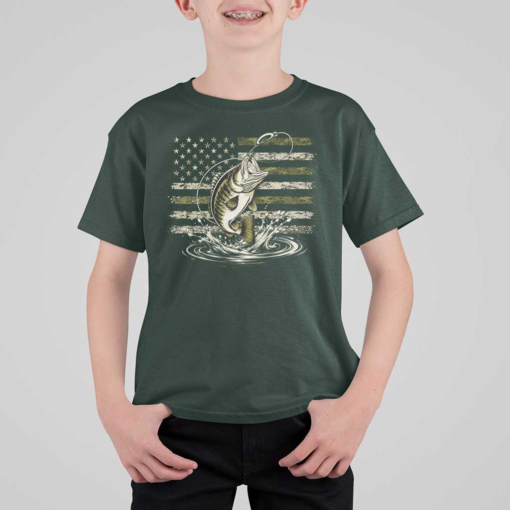 Vintage Bass Fishing Camouflage T Shirt For Kid Patriotic Largemouth Bass Angler Fishing Lovers Fisherman Camo US Flag