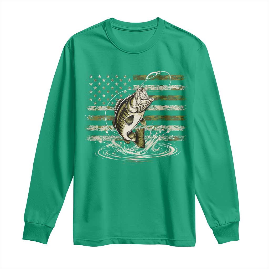 Vintage Bass Fishing Camouflage Long Sleeve Shirt Patriotic Largemouth Bass Angler Fishing Lovers Fisherman Camo US Flag