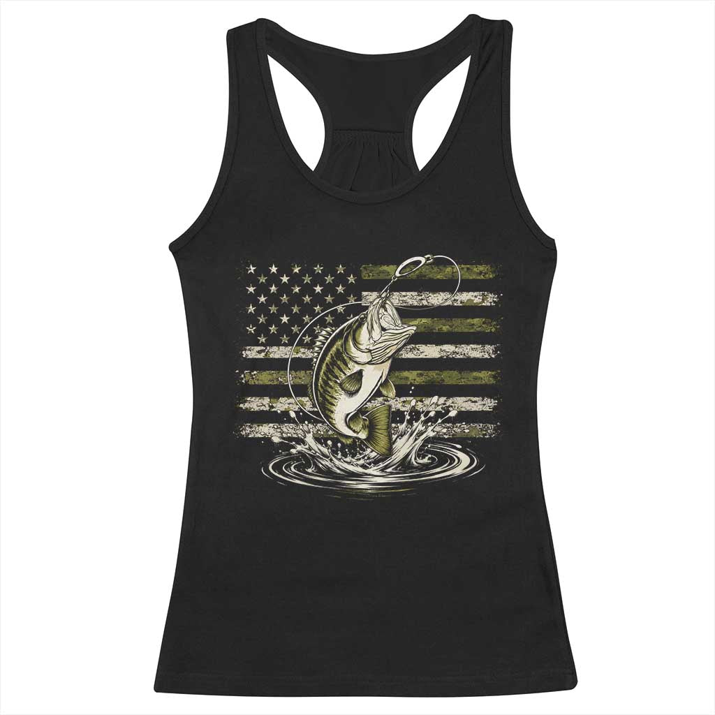 Vintage Bass Fishing Camouflage Racerback Tank Top Patriotic Largemouth Bass Angler Fishing Lovers Fisherman Camo US Flag