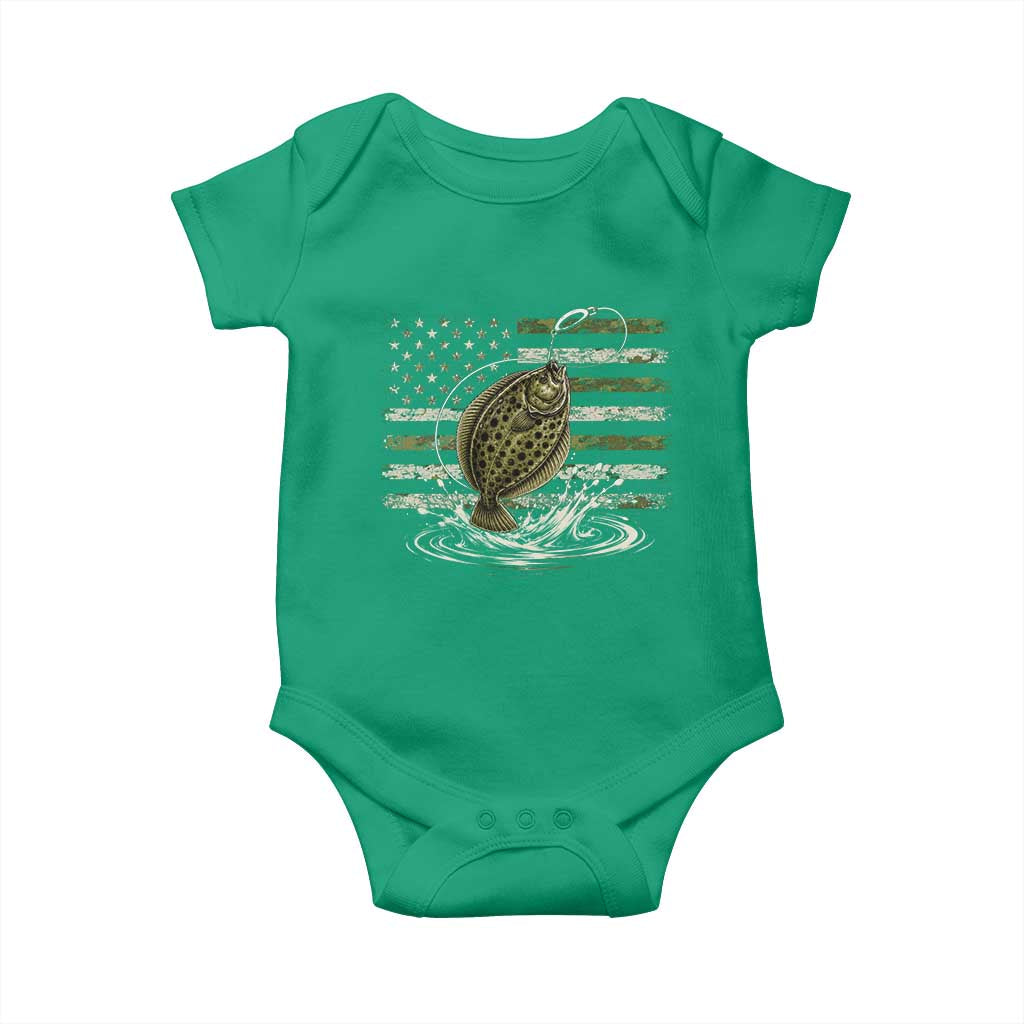 Flounder Fishing Camouflage American Flag Baby Onesie Patriotic Flatfish Angler Gift Saltwater Fishing Lovers