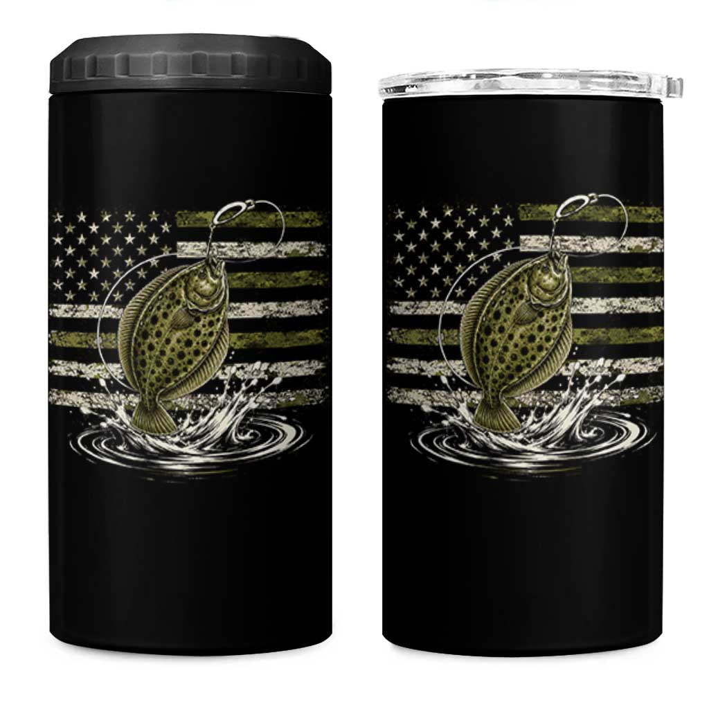 Flounder Fishing Camouflage American Flag 4 in 1 Can Cooler Tumbler Patriotic Flatfish Angler Gift Saltwater Fishing Lovers