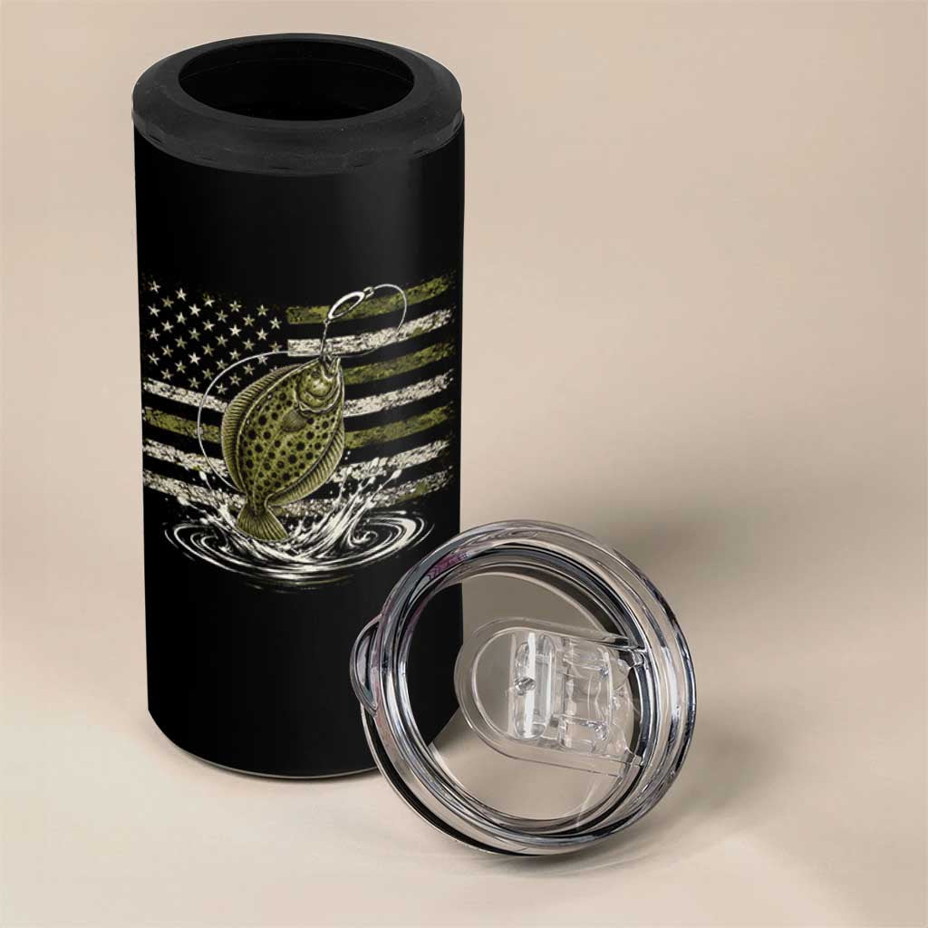 Flounder Fishing Camouflage American Flag 4 in 1 Can Cooler Tumbler Patriotic Flatfish Angler Gift Saltwater Fishing Lovers