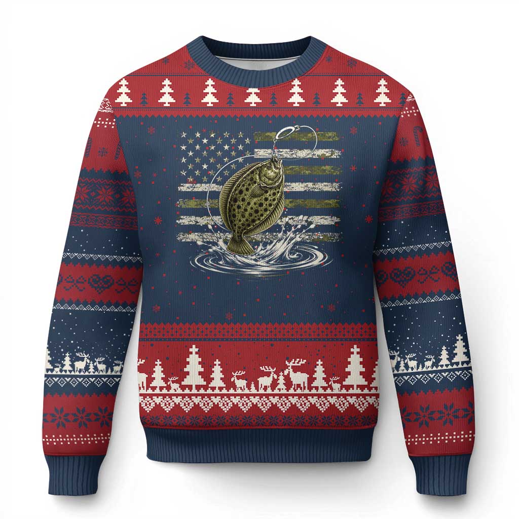 Flounder Fishing Camouflage American Flag Ugly Christmas Sweater Patriotic Flatfish Angler Gift Saltwater Fishing Lovers