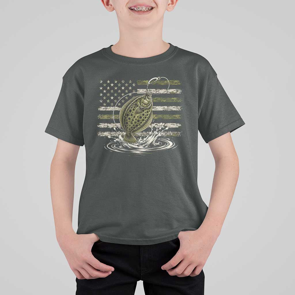Flounder Fishing Camouflage American Flag T Shirt For Kid Patriotic Flatfish Angler Gift Saltwater Fishing Lovers