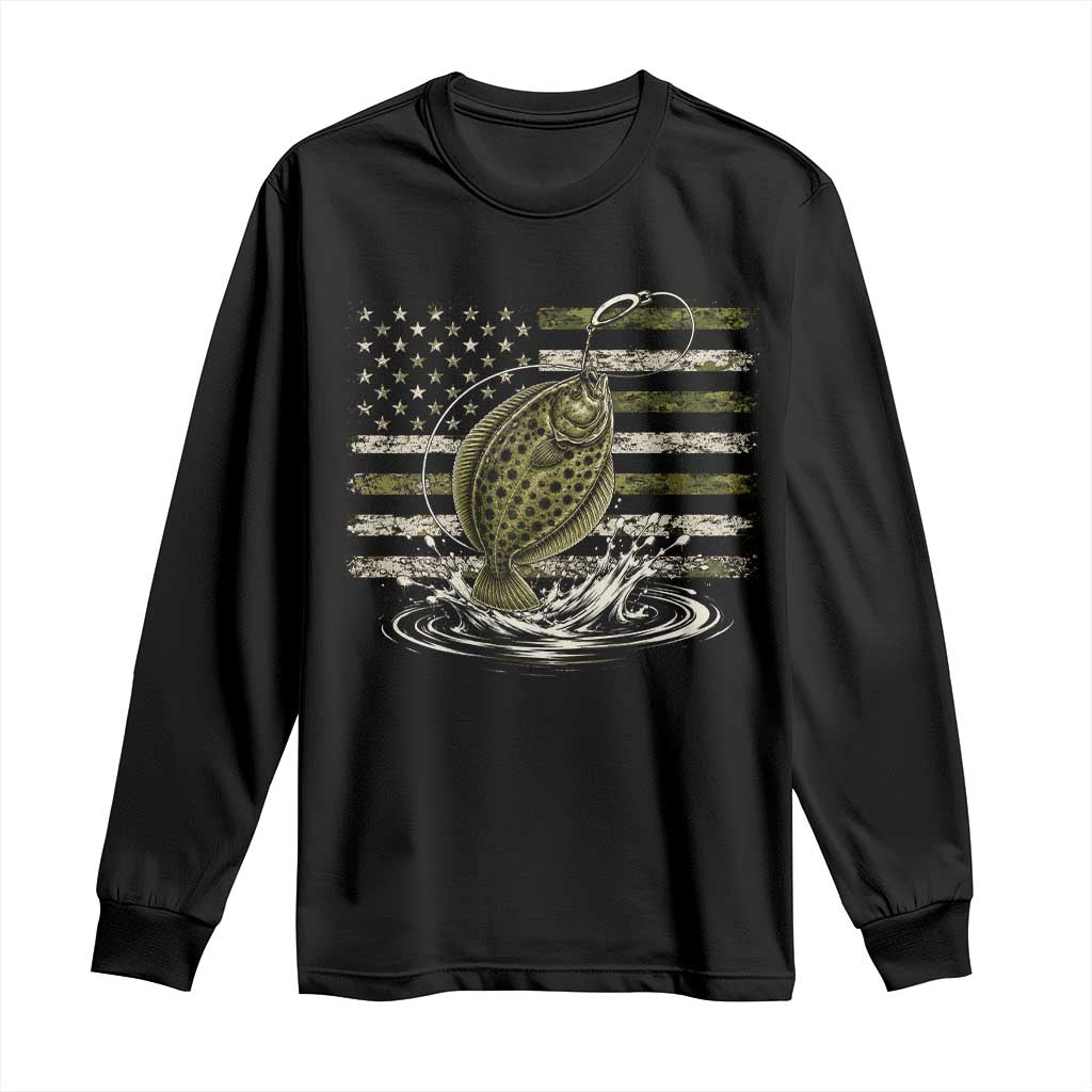 Flounder Fishing Camouflage American Flag Long Sleeve Shirt Patriotic Flatfish Angler Gift Saltwater Fishing Lovers