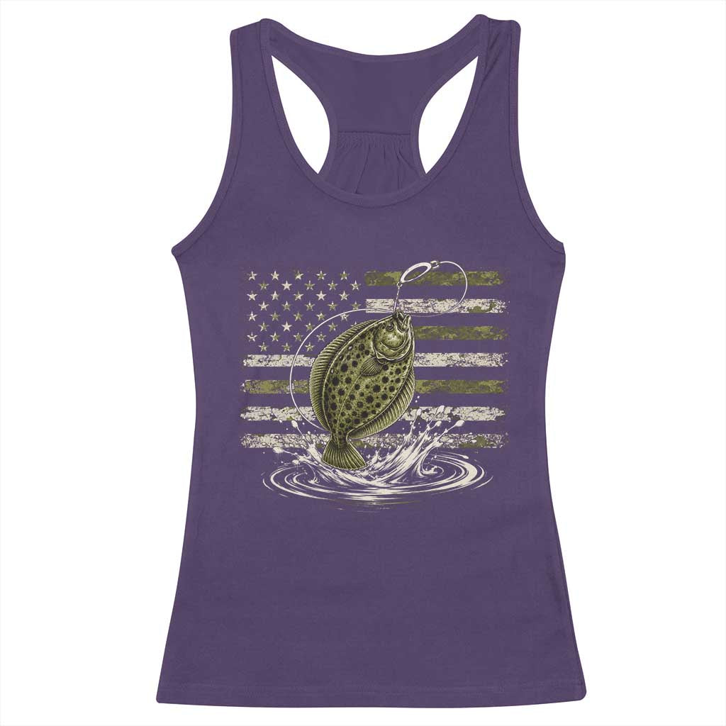 Flounder Fishing Camouflage American Flag Racerback Tank Top Patriotic Flatfish Angler Gift Saltwater Fishing Lovers