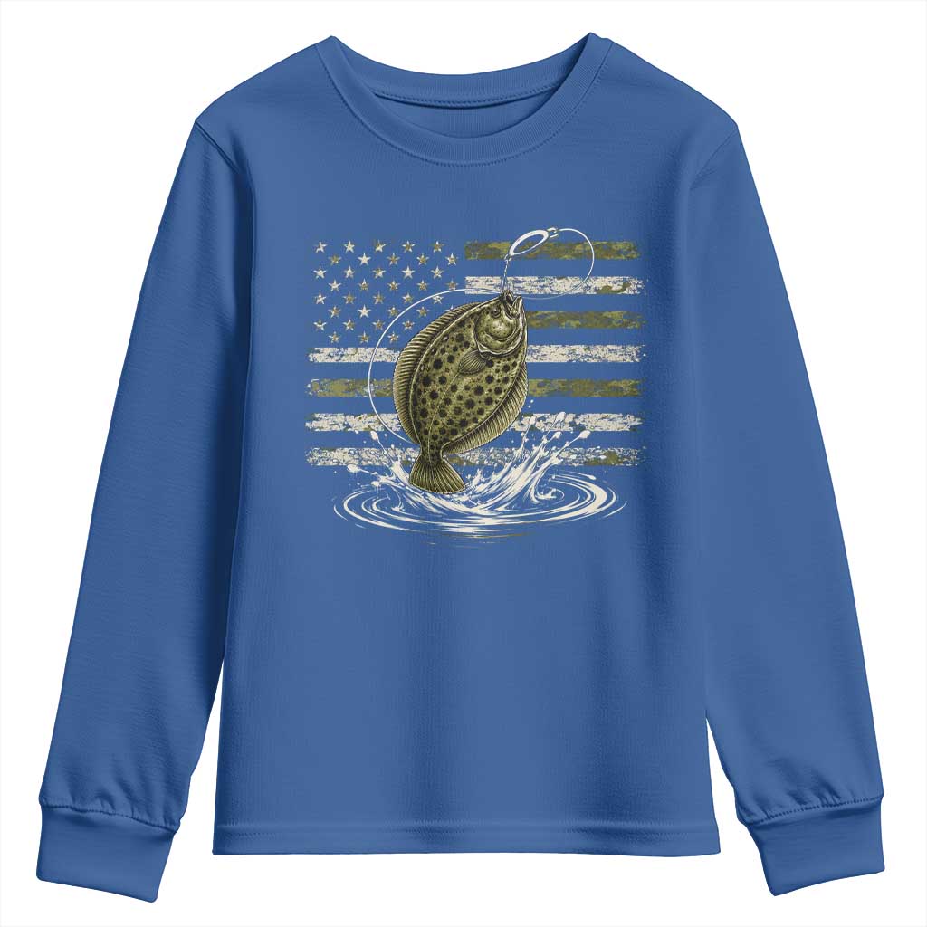 Flounder Fishing Camouflage American Flag Youth Sweatshirt Patriotic Flatfish Angler Gift Saltwater Fishing Lovers