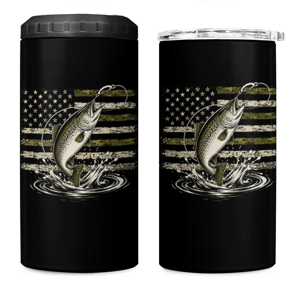 Camouflage American Flag Trout Fishing 4 in 1 Can Cooler Tumbler Patriotic Saltwater Angler Gift Sea Fishing Lovers