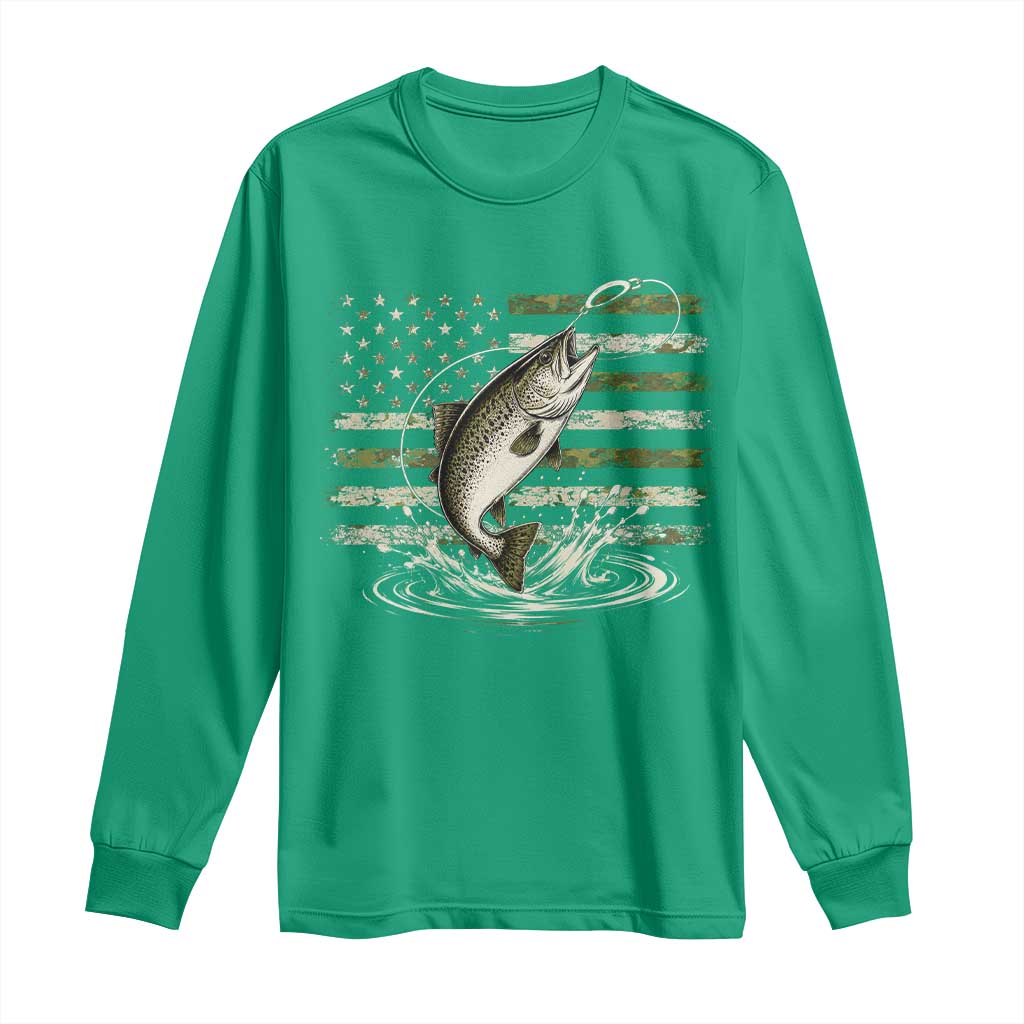 Camouflage American Flag Trout Fishing Long Sleeve Shirt Patriotic Saltwater Angler Gift Sea Fishing Lovers