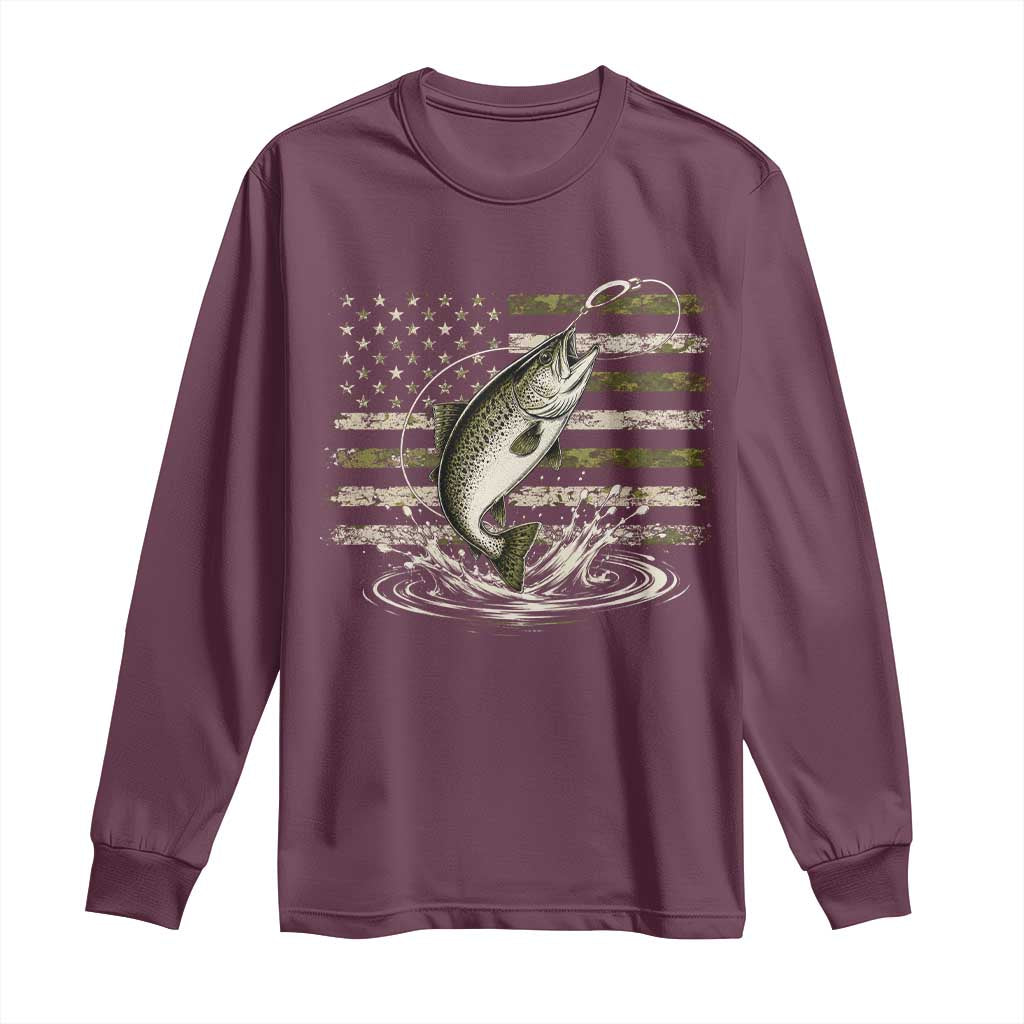 Camouflage American Flag Trout Fishing Long Sleeve Shirt Patriotic Saltwater Angler Gift Sea Fishing Lovers