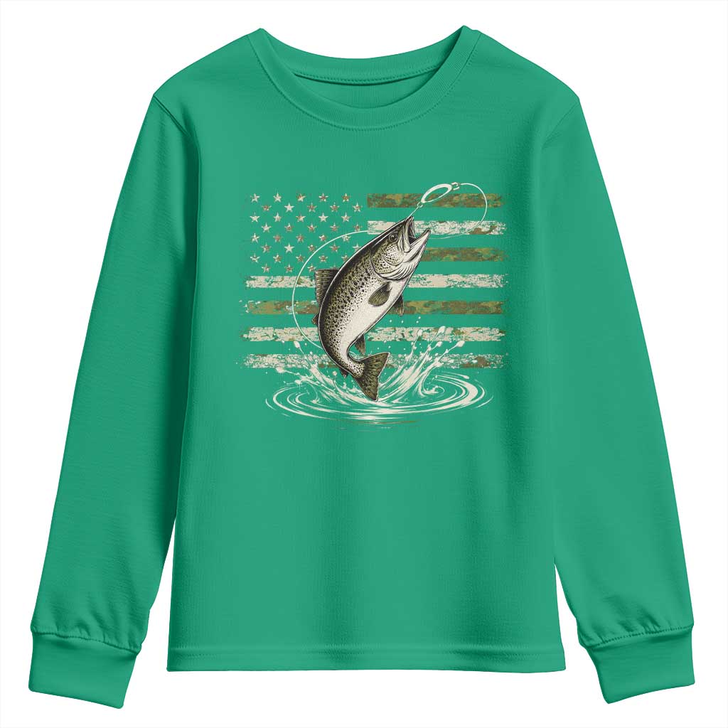 Camouflage American Flag Trout Fishing Youth Sweatshirt Patriotic Saltwater Angler Gift Sea Fishing Lovers