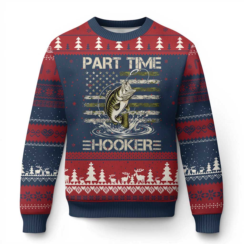 Part Time Hooker Ugly Christmas Sweater Retro Funny Fishing Camouflage Camo US Flag