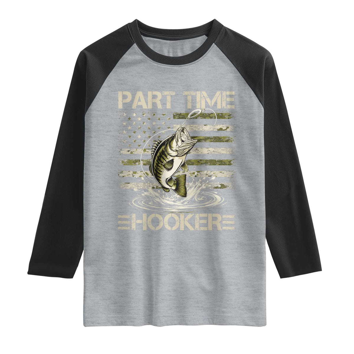 Part Time Hooker Raglan Shirt Retro Funny Fishing Camouflage Camo US Flag