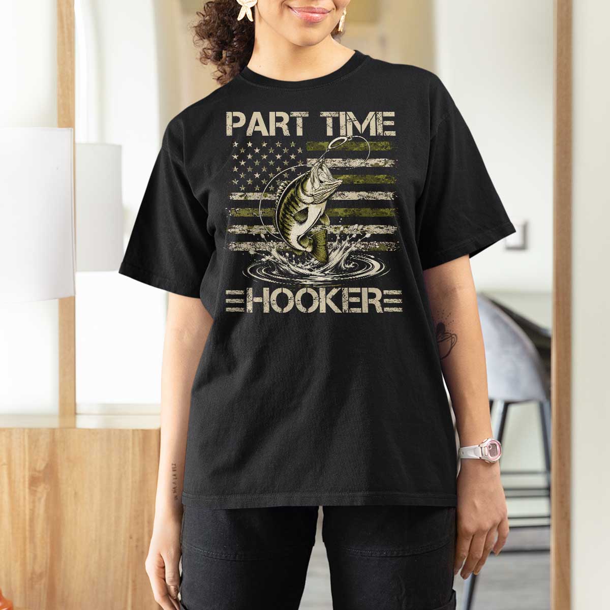 Part Time Hooker T Shirt For Women Retro Funny Fishing Camouflage Camo US Flag