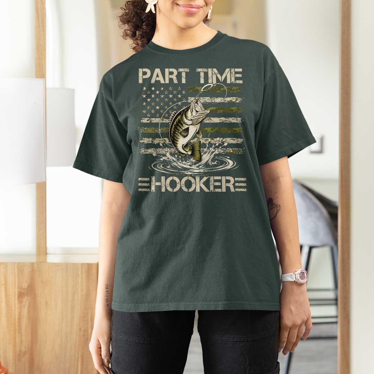 Part Time Hooker T Shirt For Women Retro Funny Fishing Camouflage Camo US Flag