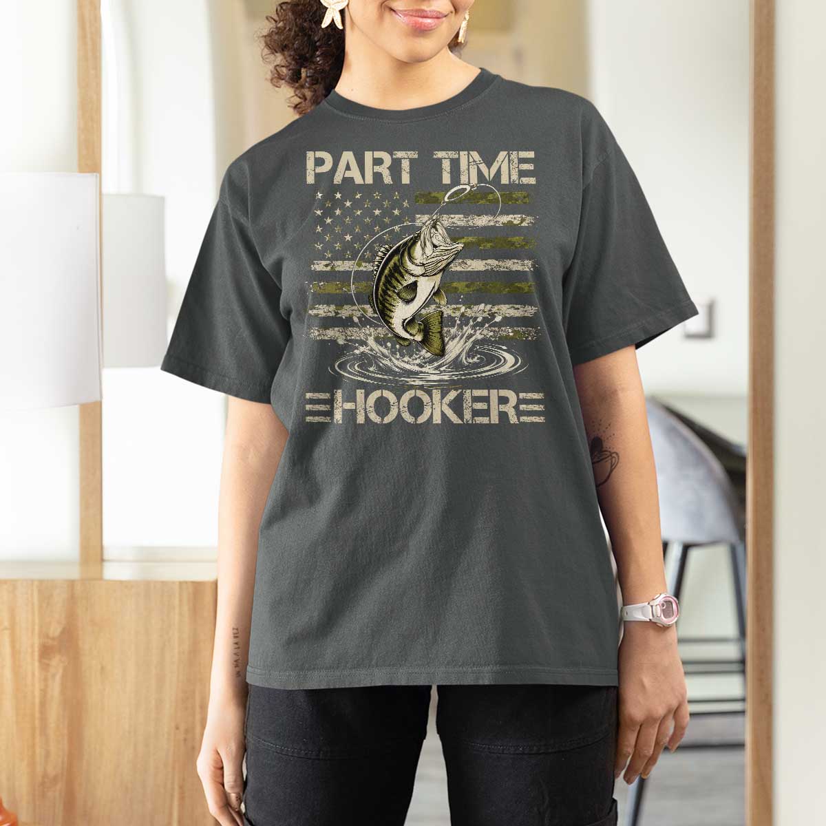Part Time Hooker T Shirt For Women Retro Funny Fishing Camouflage Camo US Flag
