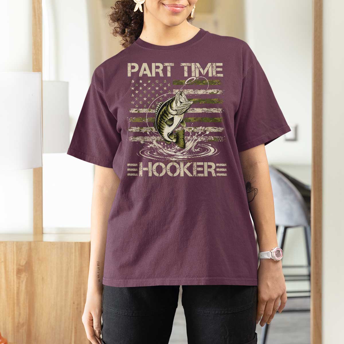 Part Time Hooker T Shirt For Women Retro Funny Fishing Camouflage Camo US Flag