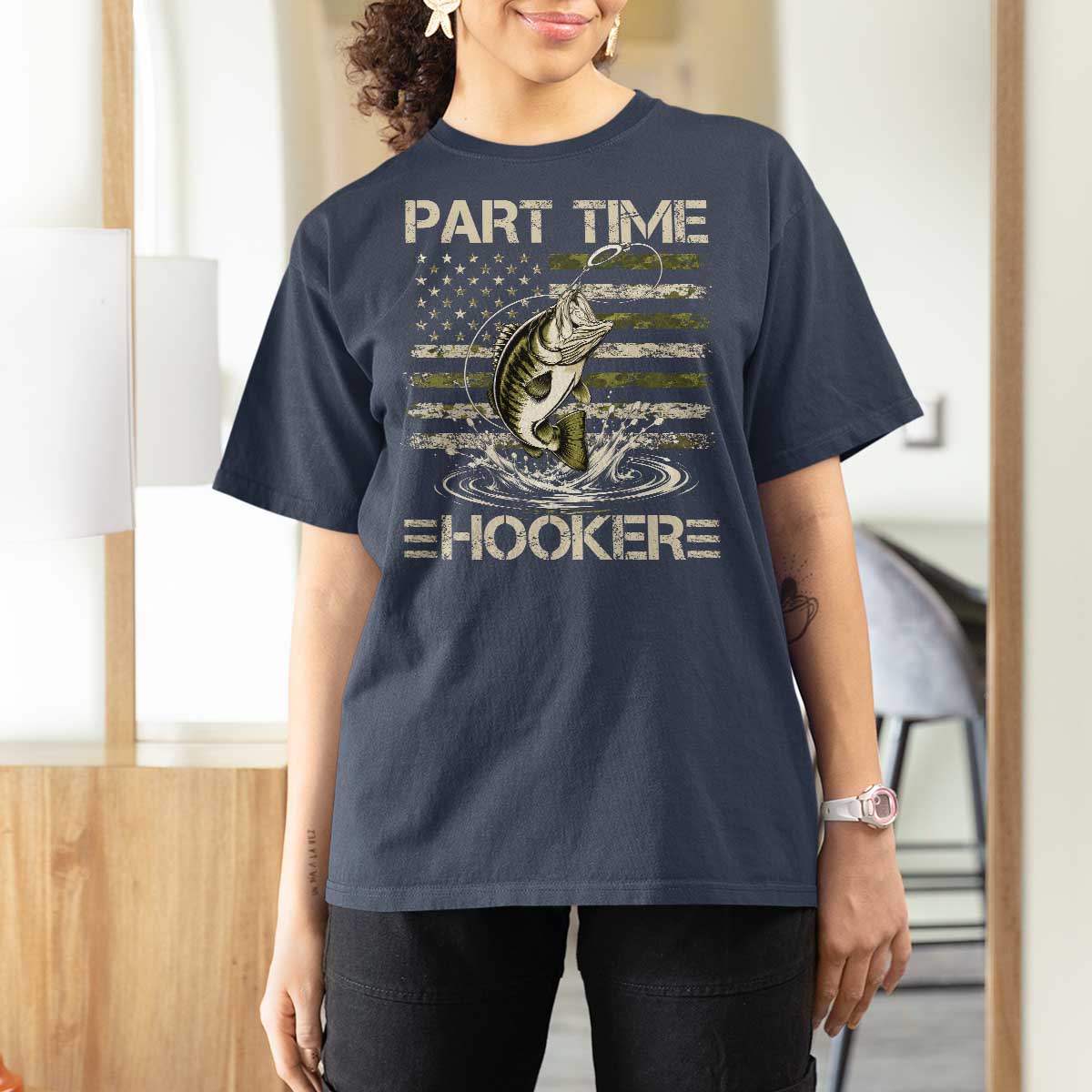 Part Time Hooker T Shirt For Women Retro Funny Fishing Camouflage Camo US Flag