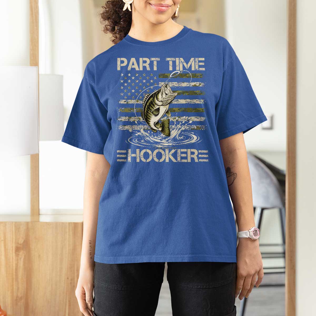 Part Time Hooker T Shirt For Women Retro Funny Fishing Camouflage Camo US Flag