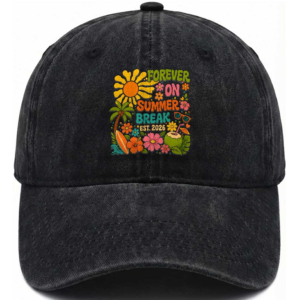 Retired Teacher Gift Washed Cotton Baseball Cap Forever On Summer Break Retirement 2026 Vintage Flower Graphic