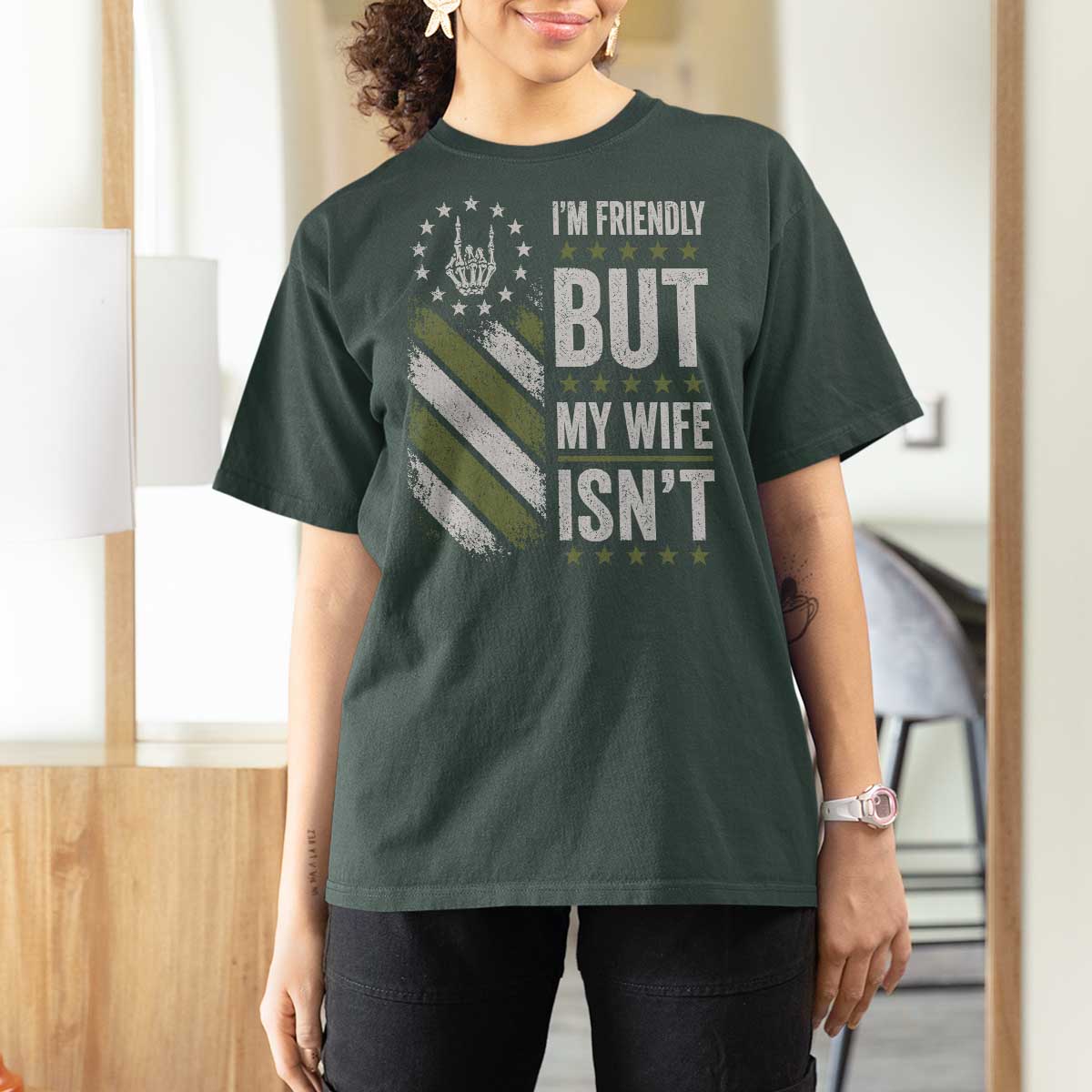 Im Friendly But My Wife Isnt Funny Husband T Shirt For Women Vintage American Flag