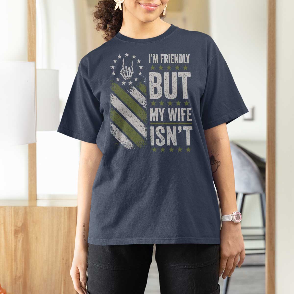 Im Friendly But My Wife Isnt Funny Husband T Shirt For Women Vintage American Flag