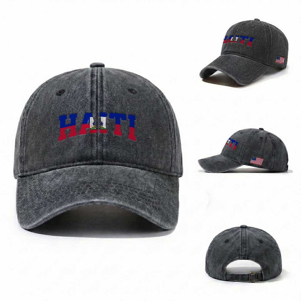 Vintage Haiti Washed Cotton Baseball Cap Varsity Haitian Flag Classic Haitian Pride College Style