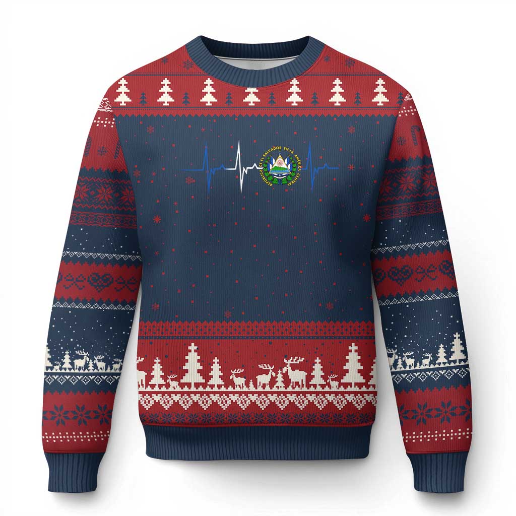 El Salvador Ugly Christmas Sweater Vintage Salvadoran Flag Heartbeat Independence Day - Wonder Print Shop