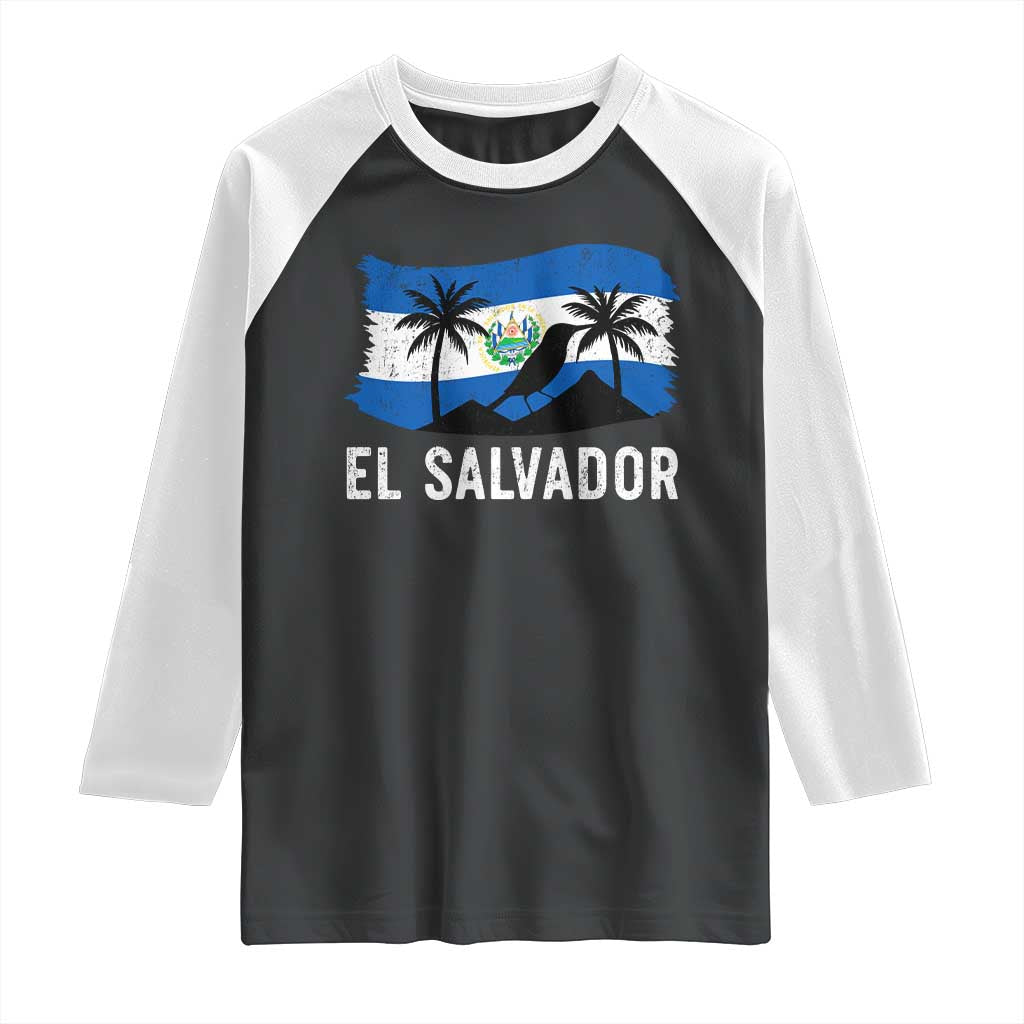 El Salvador Flag Raglan Shirt Salvadoran Pride Torogoz Bird Palm Tree Volcano - Wonder Print Shop