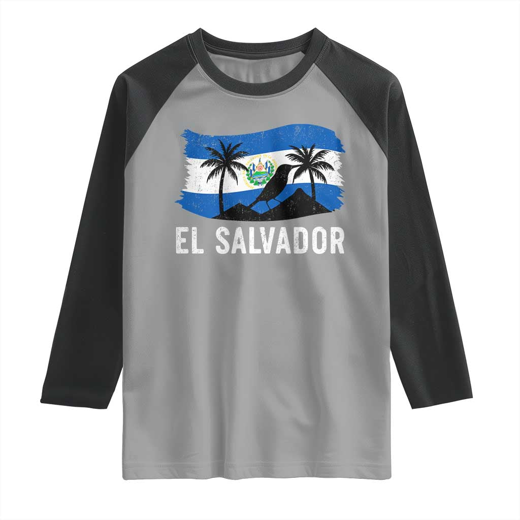 El Salvador Flag Raglan Shirt Salvadoran Pride Torogoz Bird Palm Tree Volcano - Wonder Print Shop