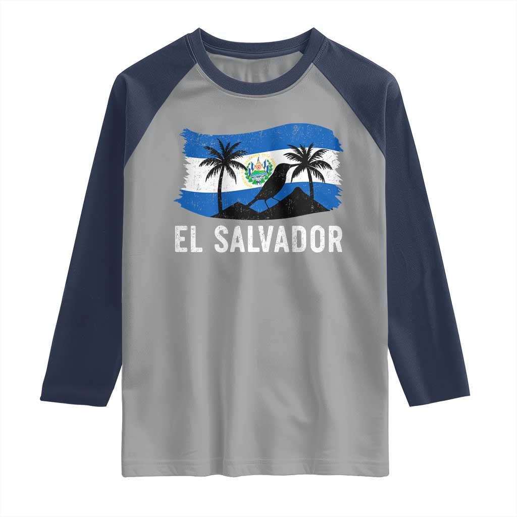 El Salvador Flag Raglan Shirt Salvadoran Pride Torogoz Bird Palm Tree Volcano - Wonder Print Shop