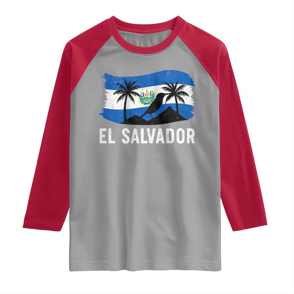 El Salvador Flag Raglan Shirt Salvadoran Pride Torogoz Bird Palm Tree Volcano - Wonder Print Shop