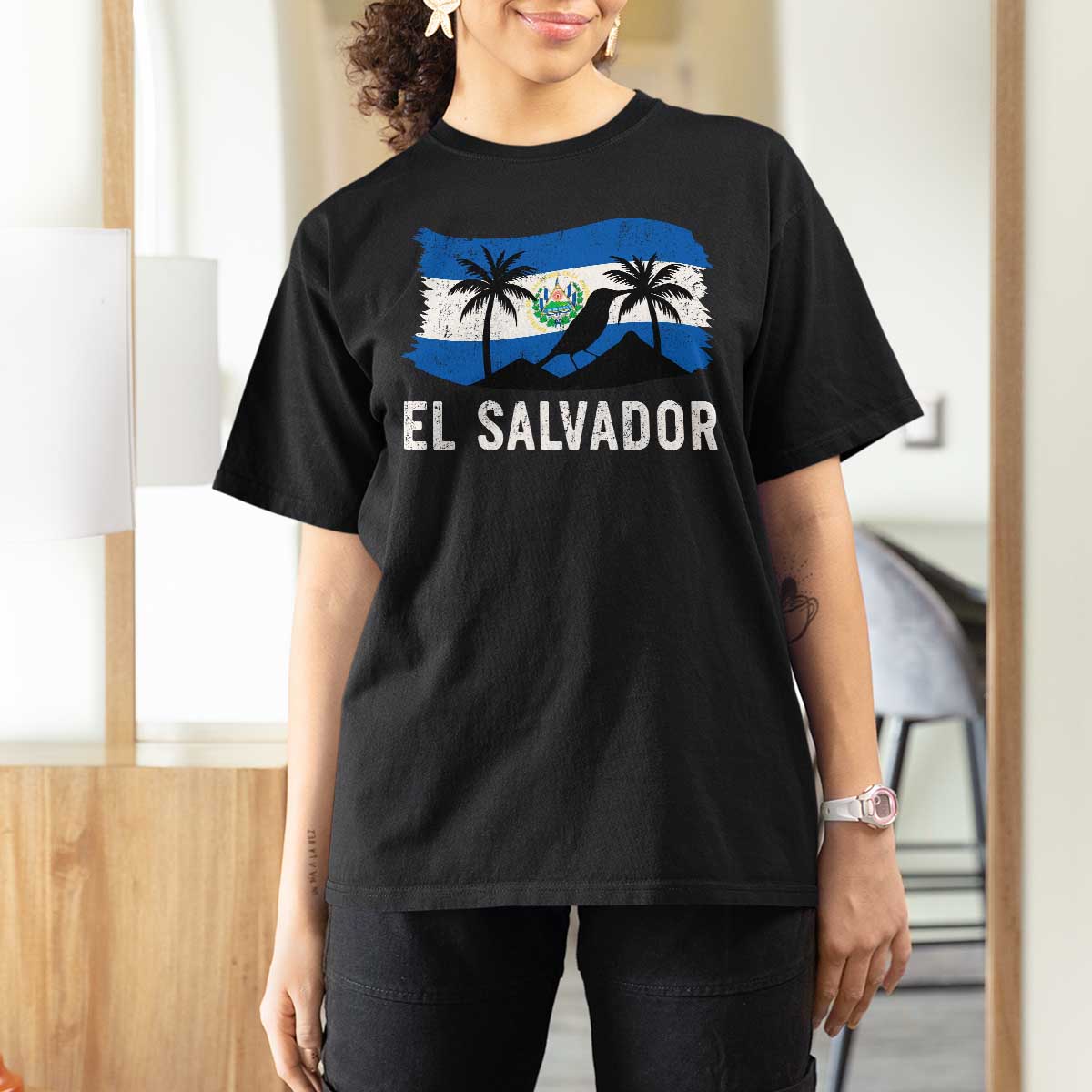 El Salvador Flag T Shirt For Women Salvadoran Pride Torogoz Bird Palm Tree Volcano - Wonder Print Shop