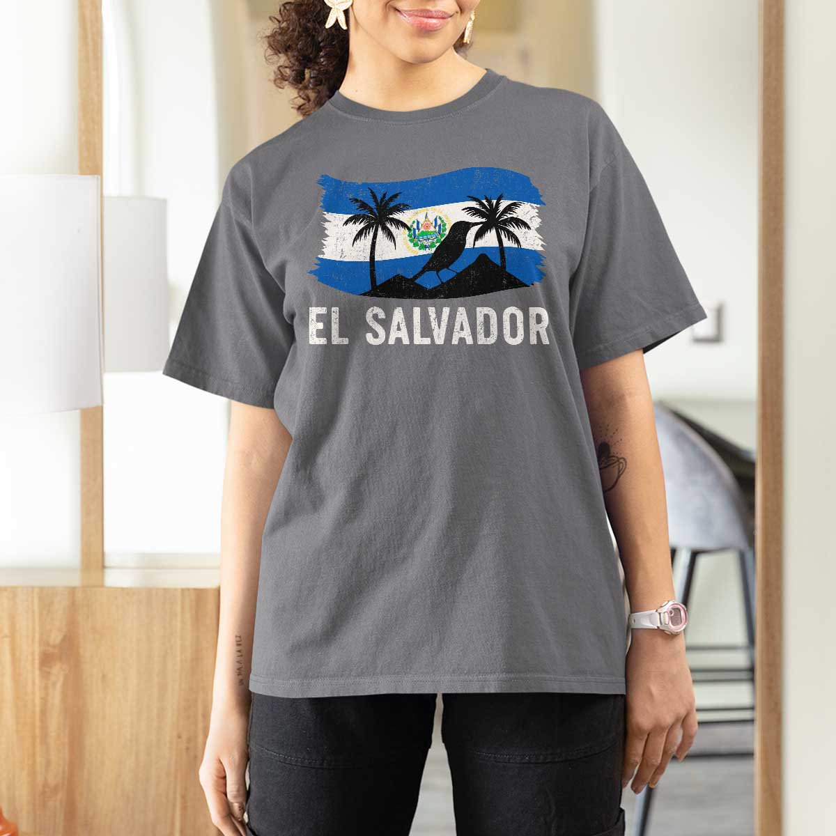 El Salvador Flag T Shirt For Women Salvadoran Pride Torogoz Bird Palm Tree Volcano - Wonder Print Shop