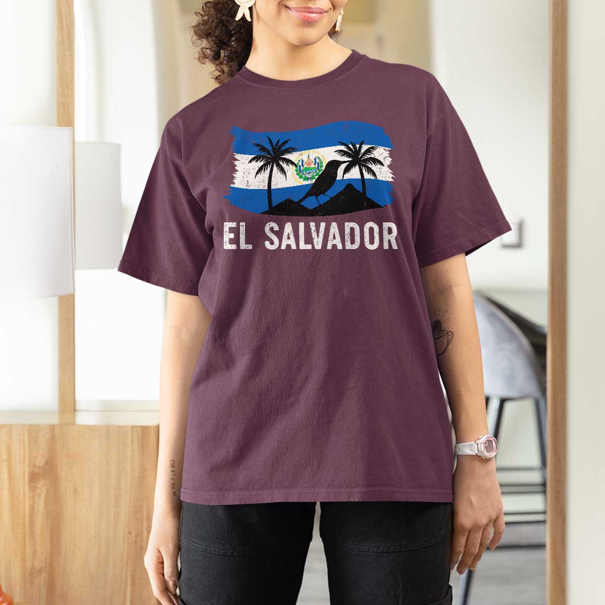 El Salvador Flag T Shirt For Women Salvadoran Pride Torogoz Bird Palm Tree Volcano - Wonder Print Shop