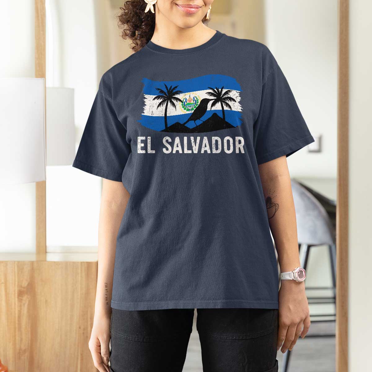 El Salvador Flag T Shirt For Women Salvadoran Pride Torogoz Bird Palm Tree Volcano - Wonder Print Shop