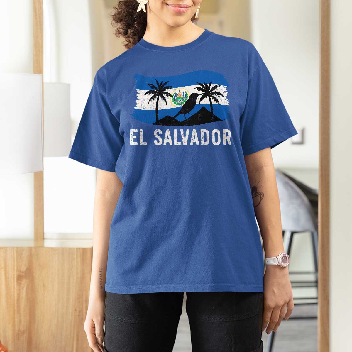 El Salvador Flag T Shirt For Women Salvadoran Pride Torogoz Bird Palm Tree Volcano - Wonder Print Shop