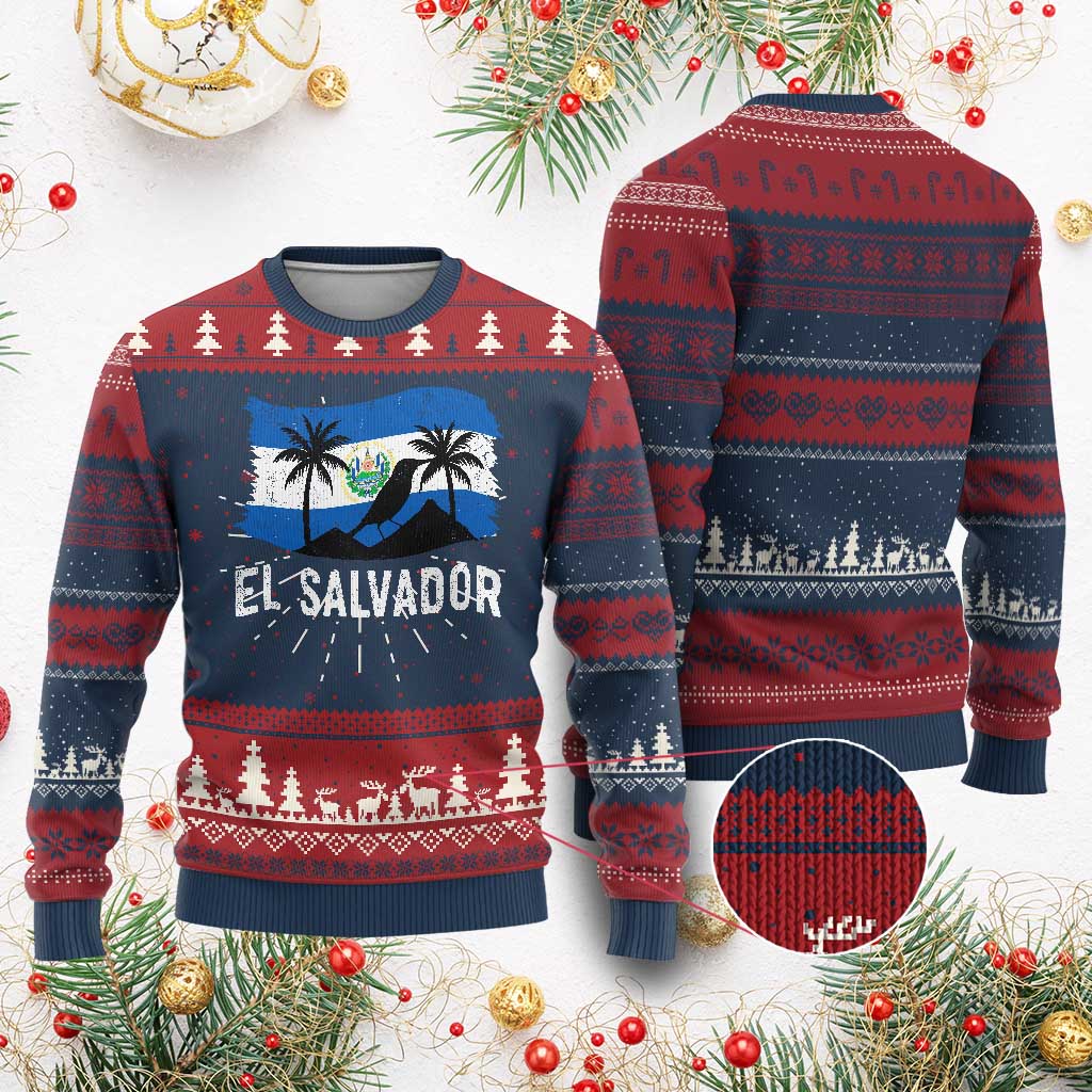 El Salvador Flag Knitted Sweatshirt Salvadoran Pride Torogoz Bird Palm Tree Volcano - Wonder Print Shop