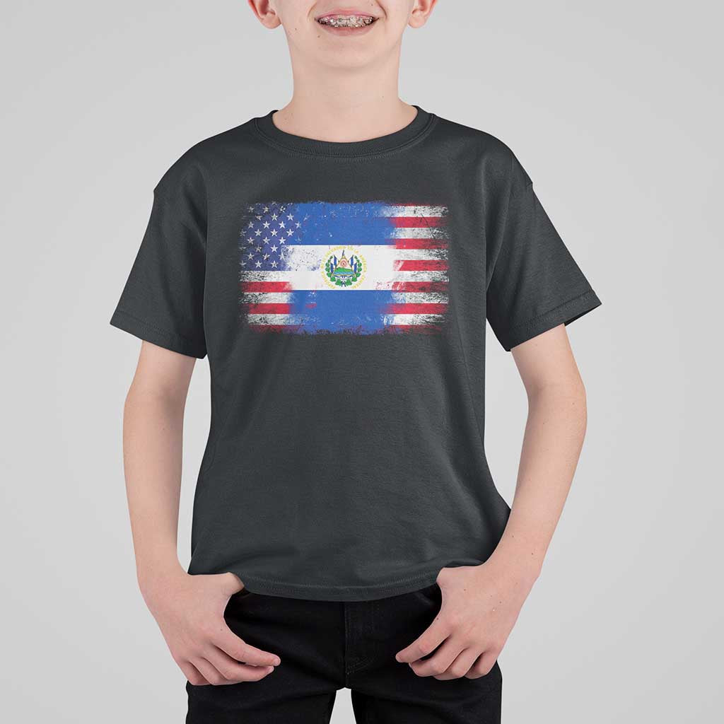 El Salvador American Flag T Shirt For Kid Distressed Grunge USA Salvadoran Pride - Wonder Print Shop