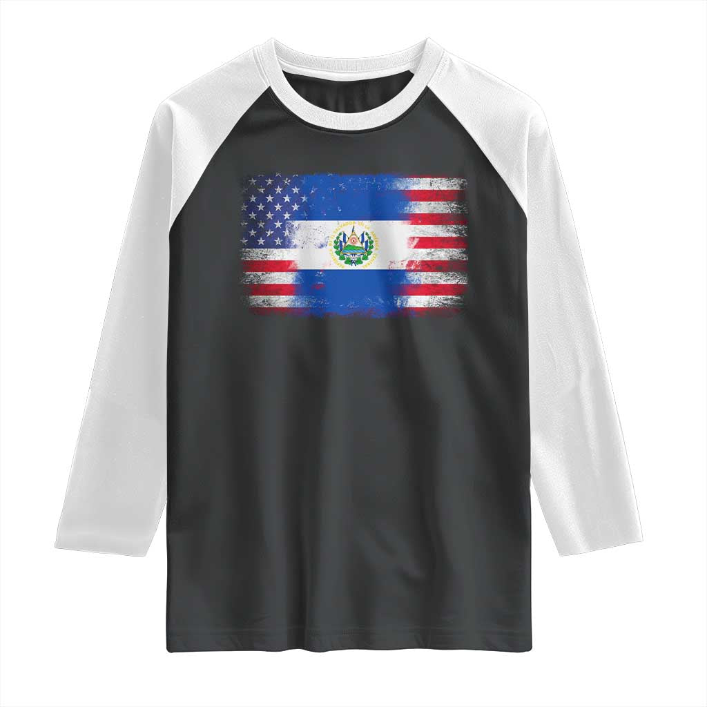 El Salvador American Flag Raglan Shirt Distressed Grunge USA Salvadoran Pride - Wonder Print Shop